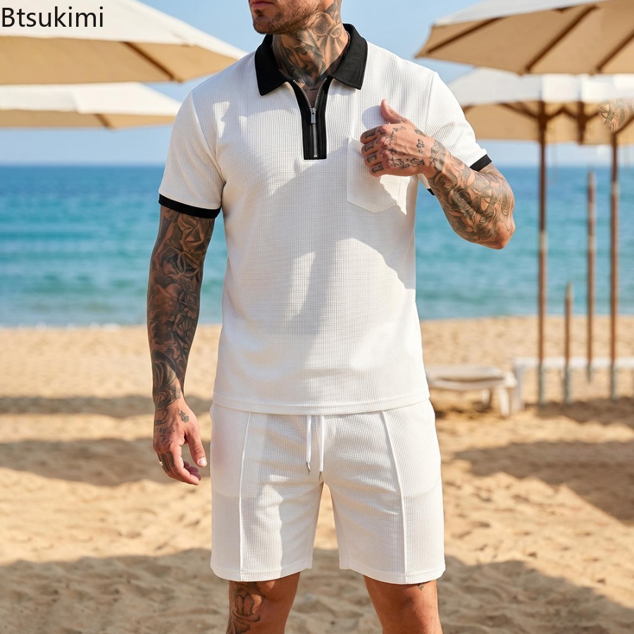 Mens Waffle Collar Polo Short  - مراجعة Summer Clothing For A Beach وسعره