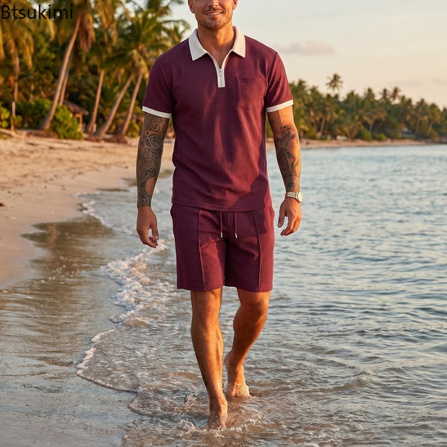 Mens Waffle Collar Polo Short  - مراجعة Summer Clothing For A Beach وسعره